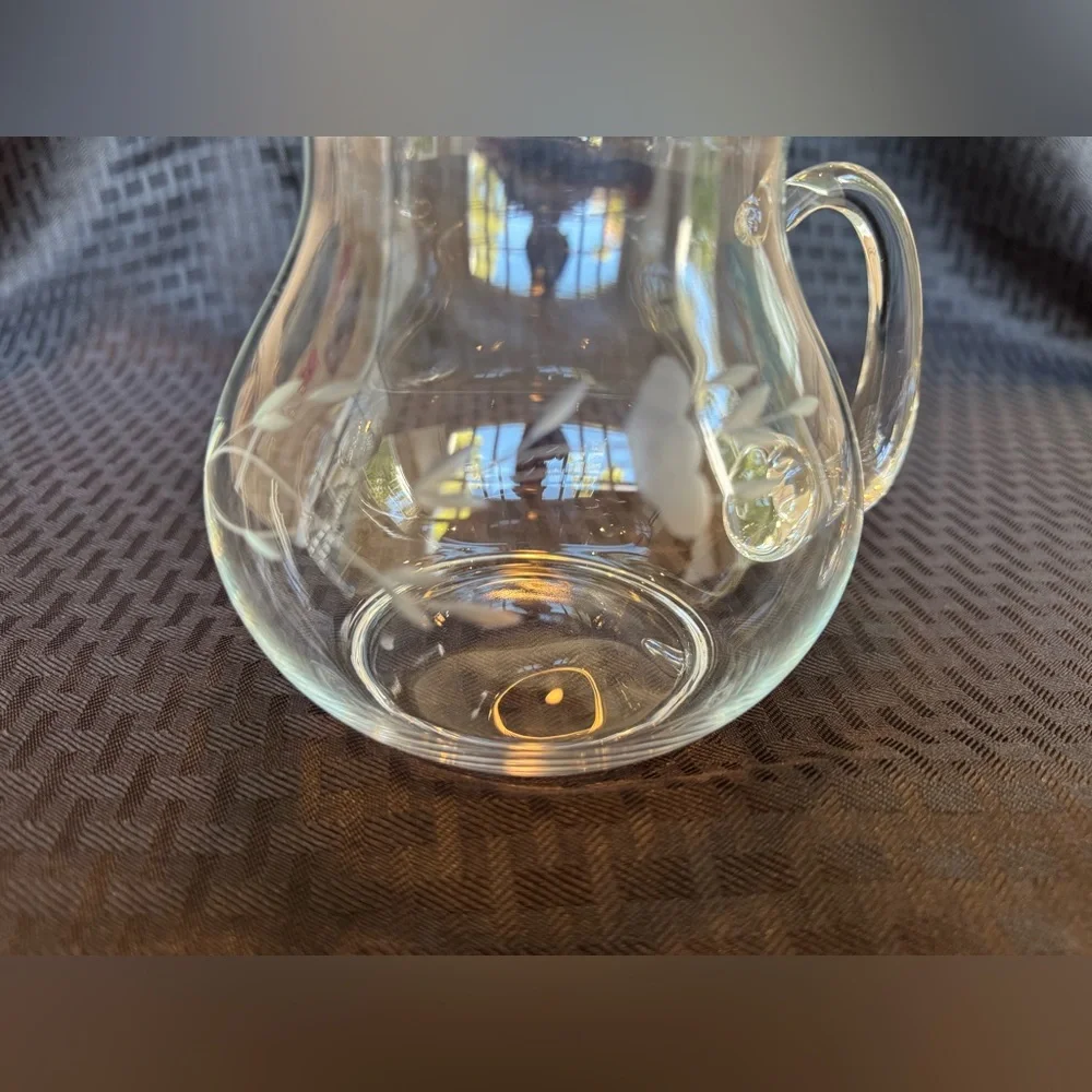 Princess House Heritage Crystal Glass Pitcher Etched Floral 30 oz 5.5” NWOT